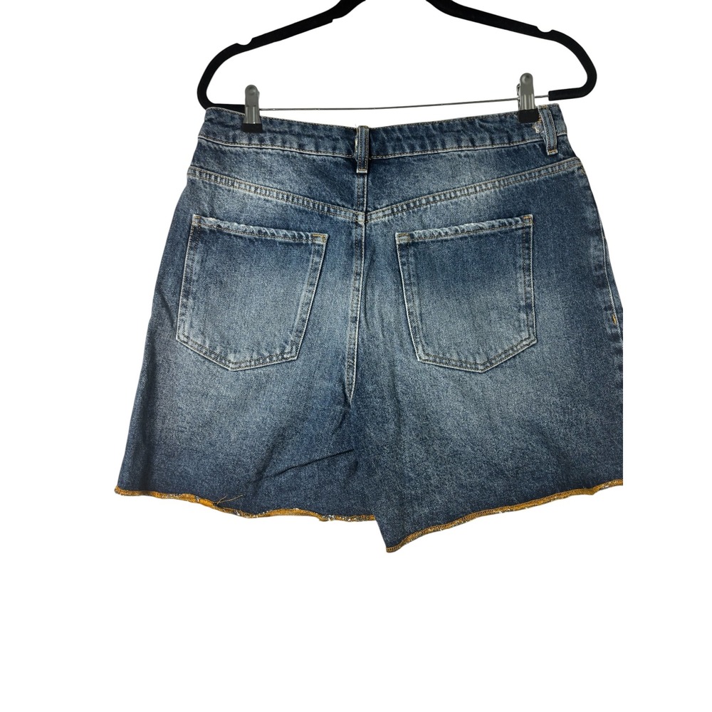 High Waisted Medium Wash Raw Hem Denim Shorts Blue Cotton Size 31 - Picture 2 of 7